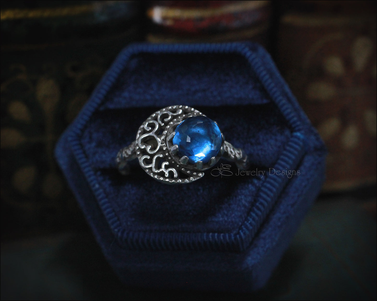 Sterling Filigree Moon & Swiss Topaz Ring - LE Jewelry Designs