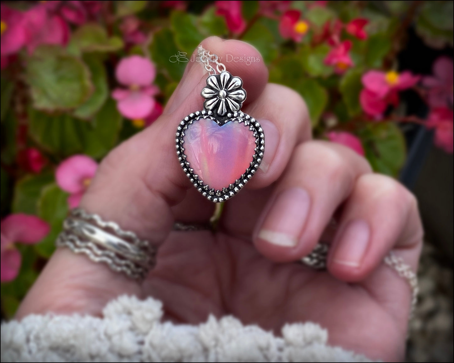 Sterling Aurora Opal Heart & Daisy Necklace - LE Jewelry Designs