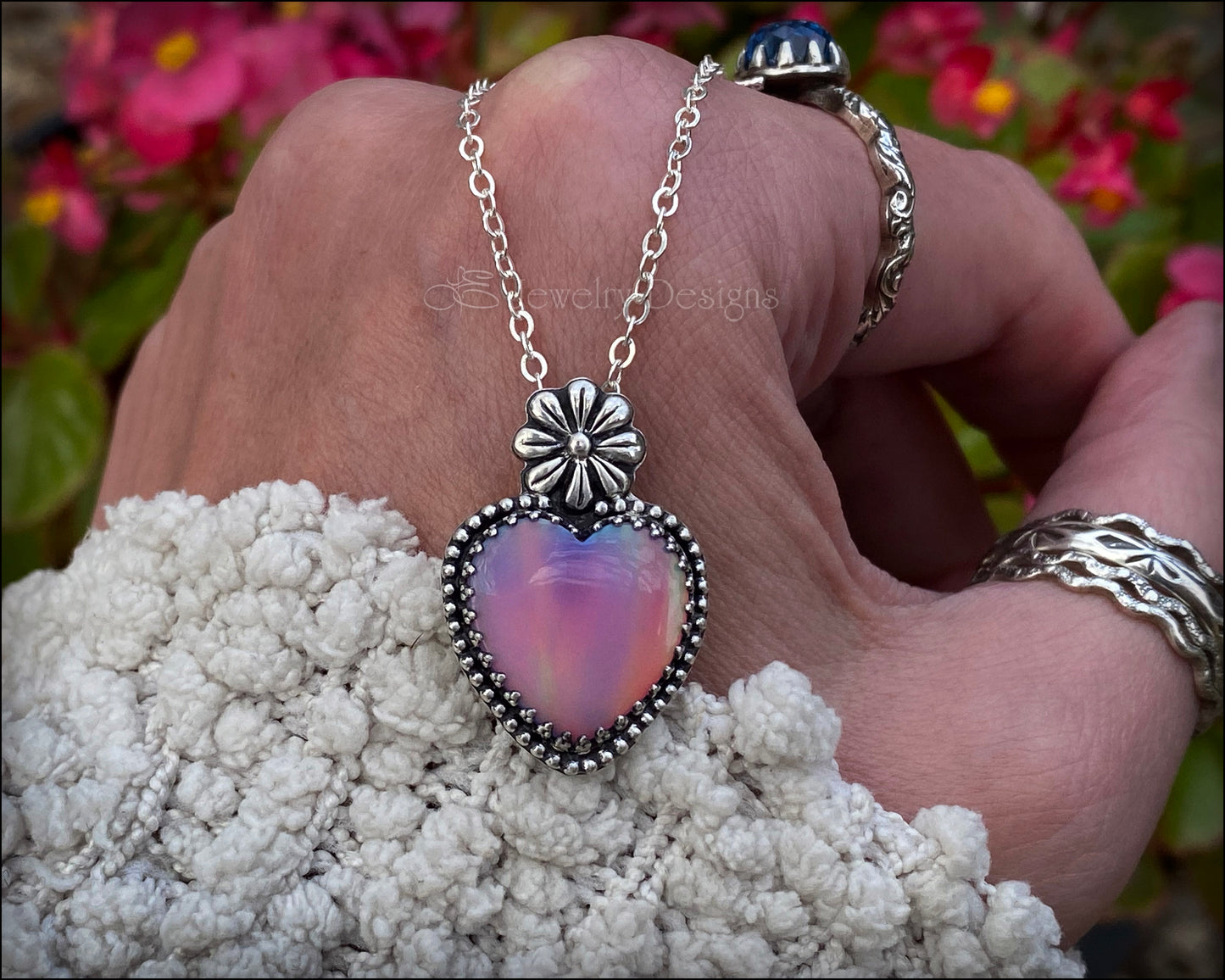 Sterling Aurora Opal Heart & Daisy Necklace - LE Jewelry Designs