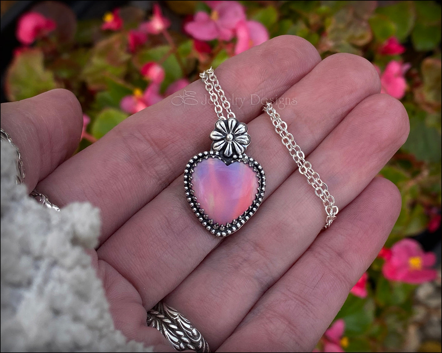 Sterling Aurora Opal Heart & Daisy Necklace - LE Jewelry Designs