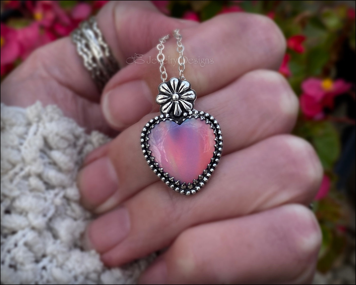 Sterling Aurora Opal Heart & Daisy Necklace - LE Jewelry Designs