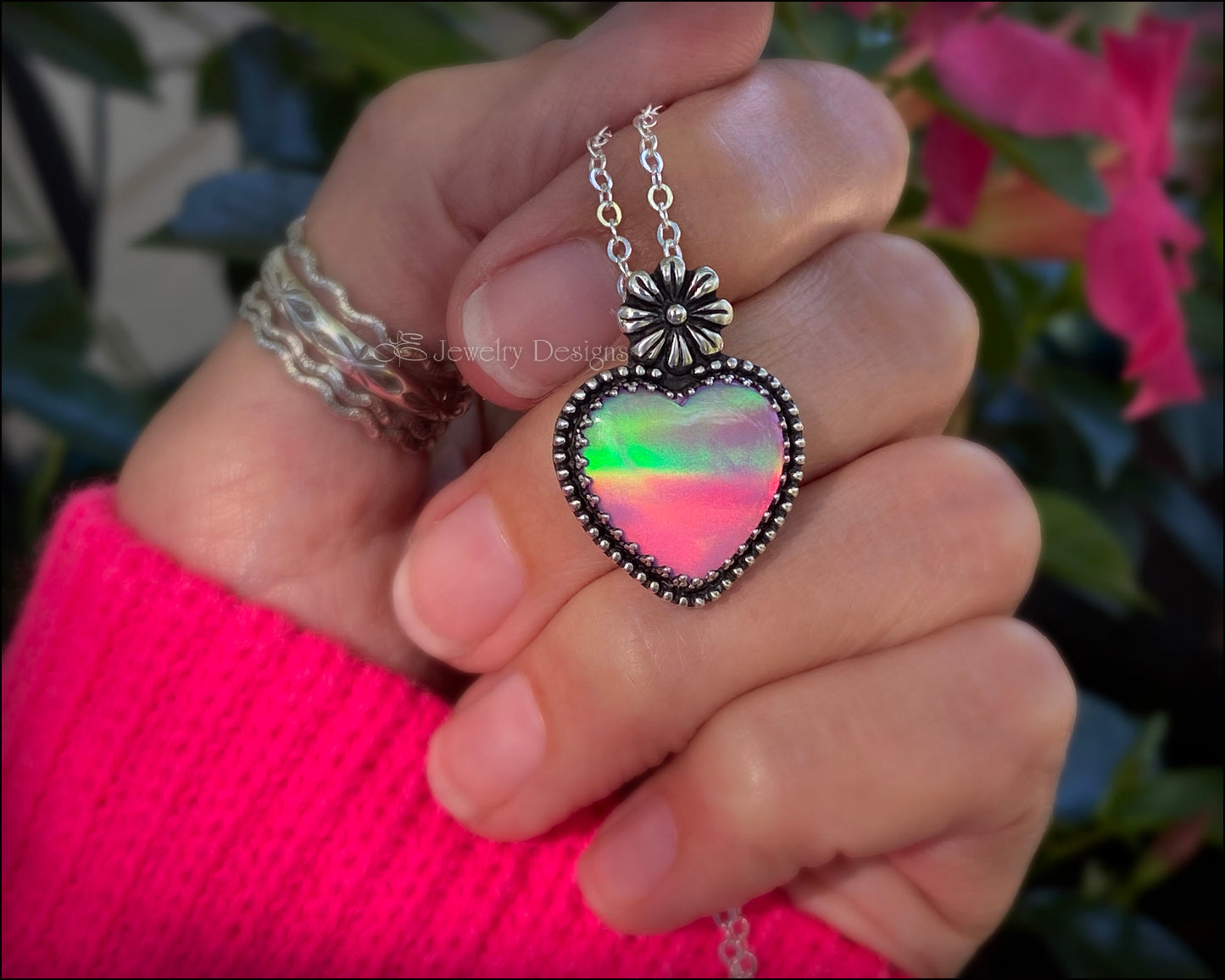 Sterling Aurora Opal Heart & Daisy Necklace - LE Jewelry Designs