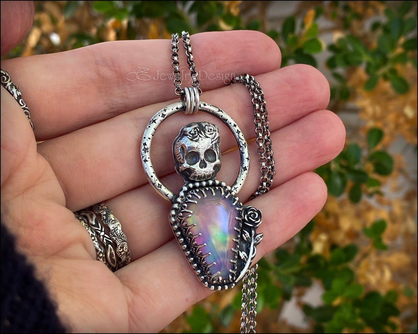 Sterling Skull Aurora Opal Coffin Pendant - LE Jewelry Designs