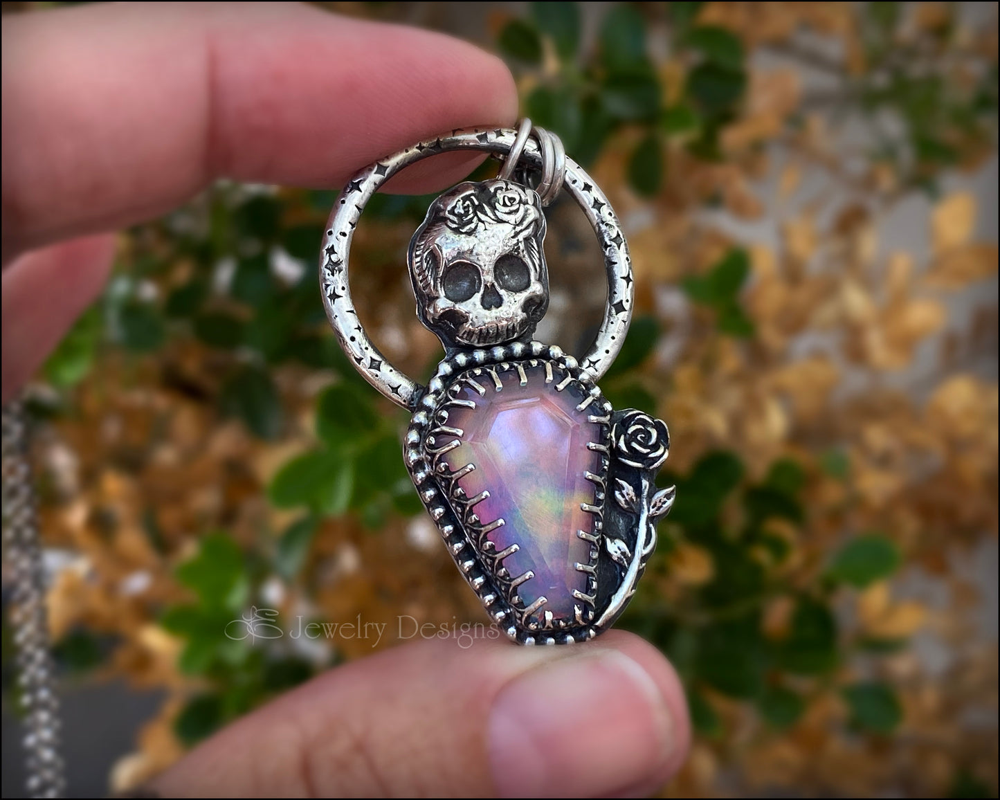 Sterling Skull Aurora Opal Coffin Pendant - LE Jewelry Designs