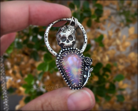 Sterling Skull Aurora Opal Coffin Pendant - LE Jewelry Designs