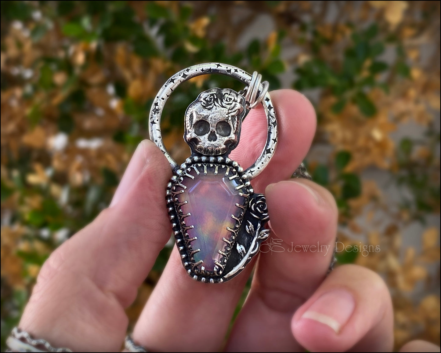 Sterling Skull Aurora Opal Coffin Pendant - LE Jewelry Designs