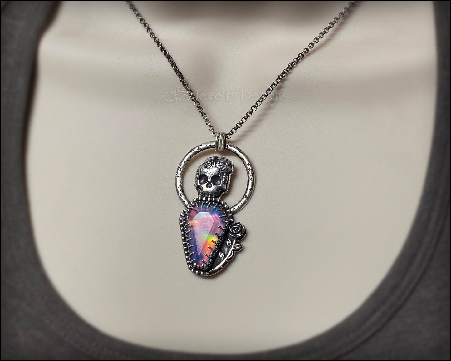 Sterling Skull Aurora Opal Coffin Pendant - LE Jewelry Designs