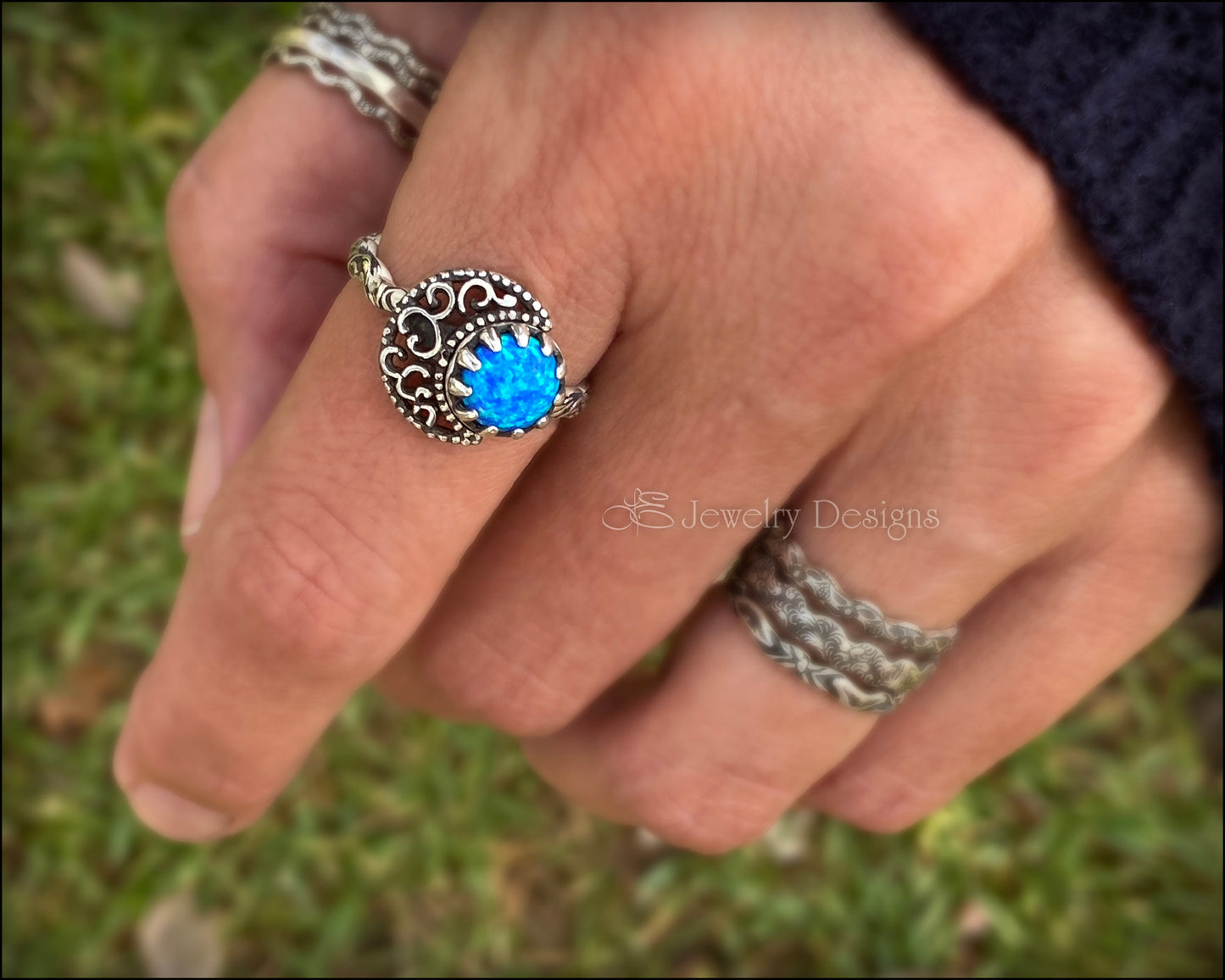 Sterling Filigree Moon & Opal Ring - LE Jewelry Designs