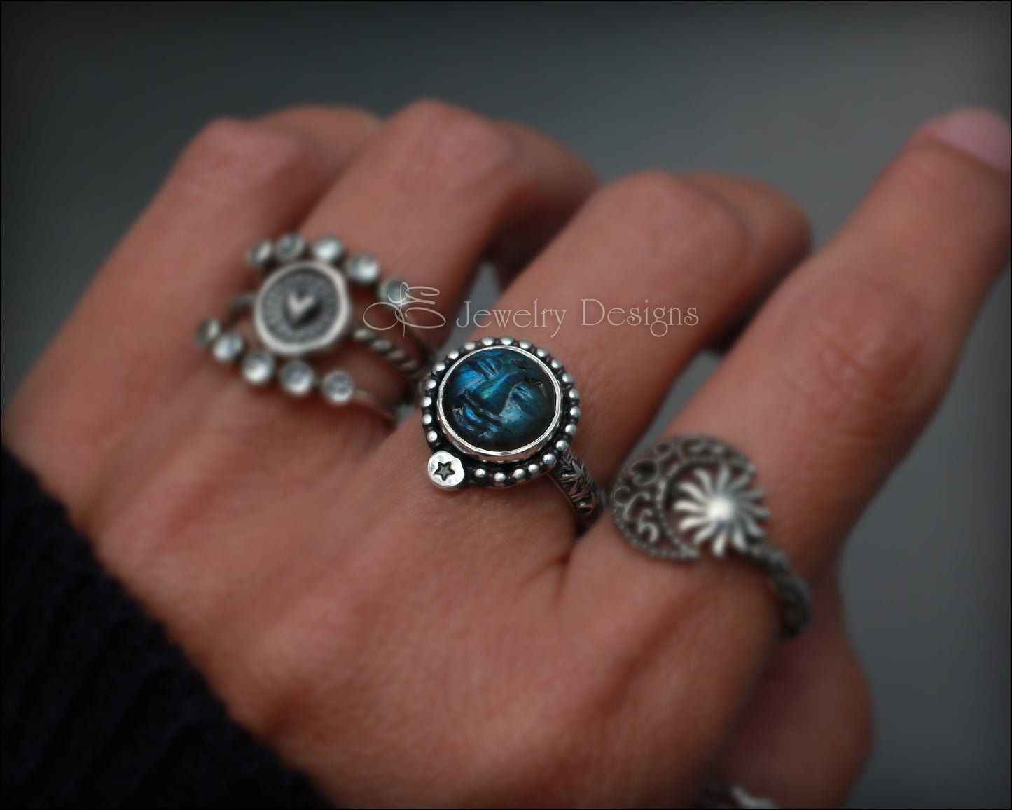 Size 8 - Sterling Labradorite Moon & Stars Ring - RTS - LE Jewelry Designs