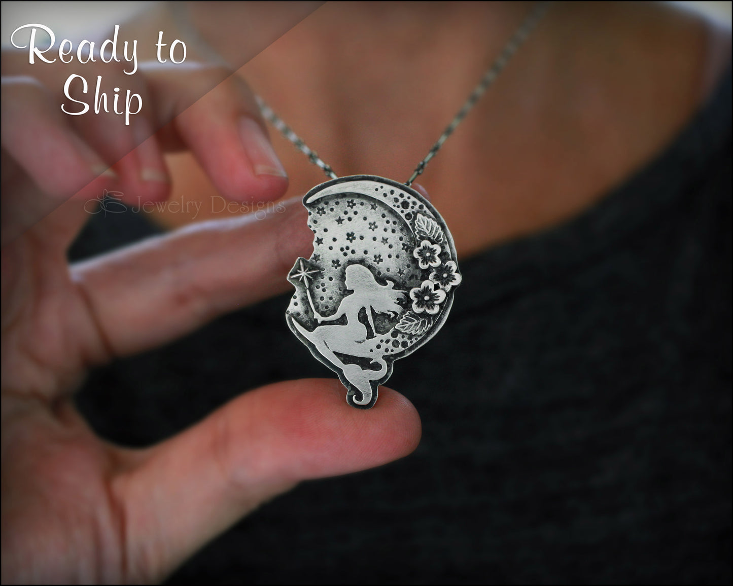 Sterling Silver Mermaid & Flower Moon Necklace - LE Jewelry Designs