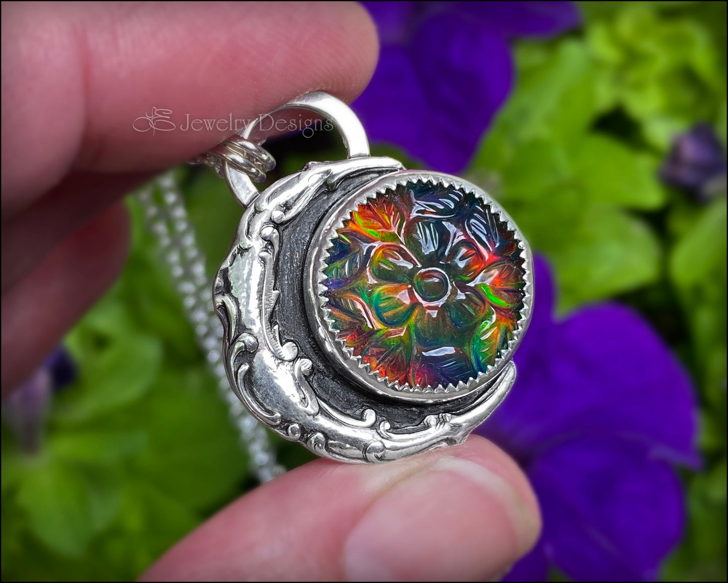 Sterling Moon & Floral Aurora Opal Necklace - LE Jewelry Designs