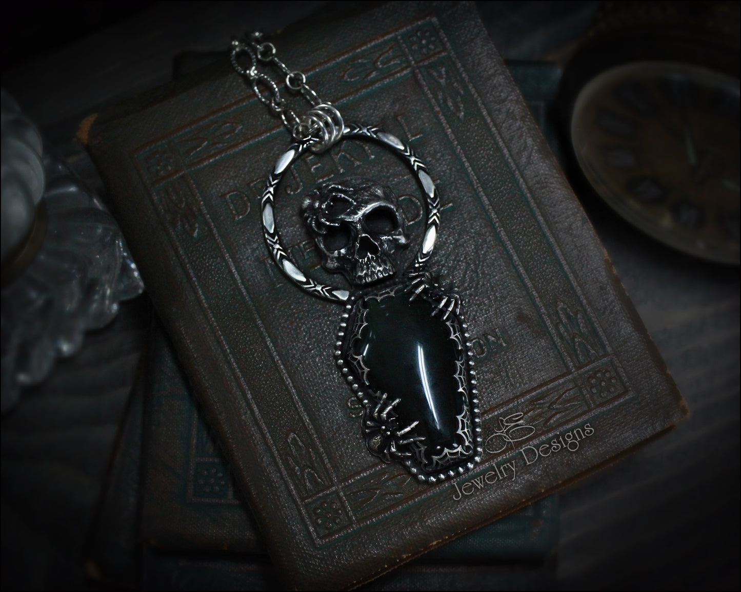 Sterling Skull & Spiders Obsidian Coffin Pendant - LE Jewelry Designs