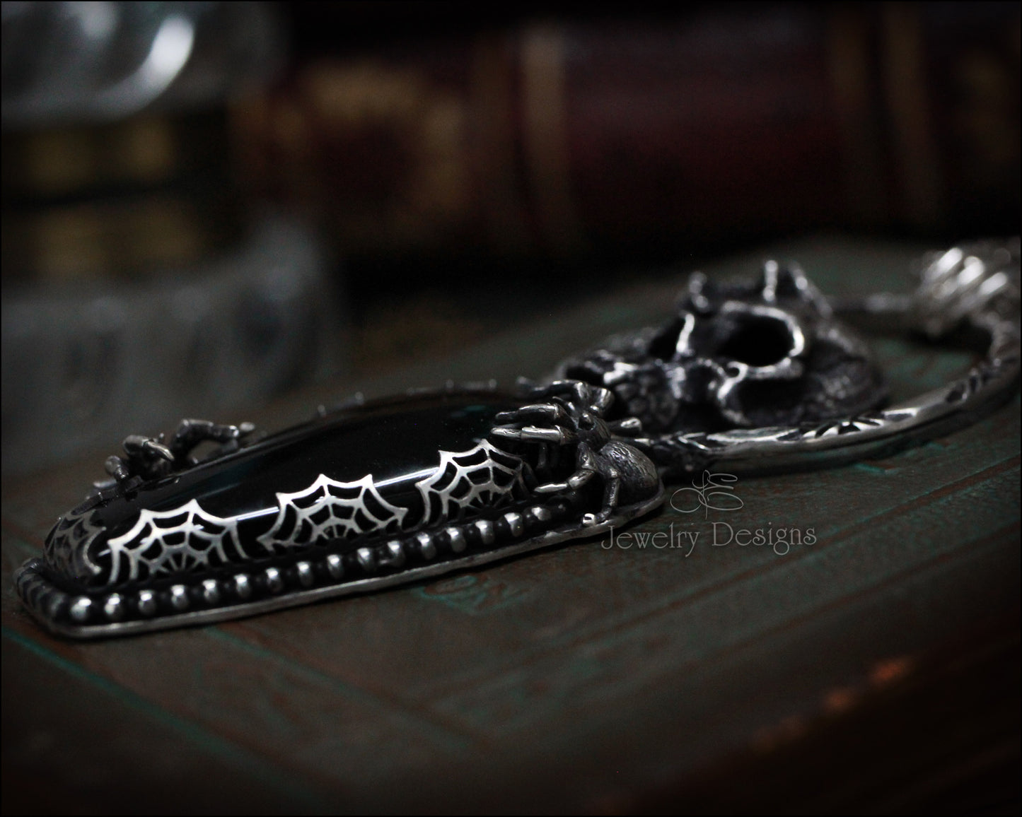 Sterling Skull & Spiders Obsidian Coffin Pendant - LE Jewelry Designs