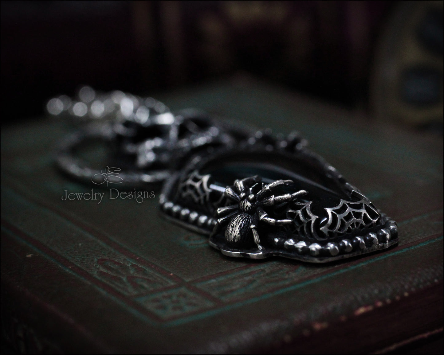 Sterling Skull & Spiders Obsidian Coffin Pendant - LE Jewelry Designs