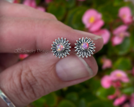 Sterling Opal or Birthstone Flower Stud Earrings - LE Jewelry Designs