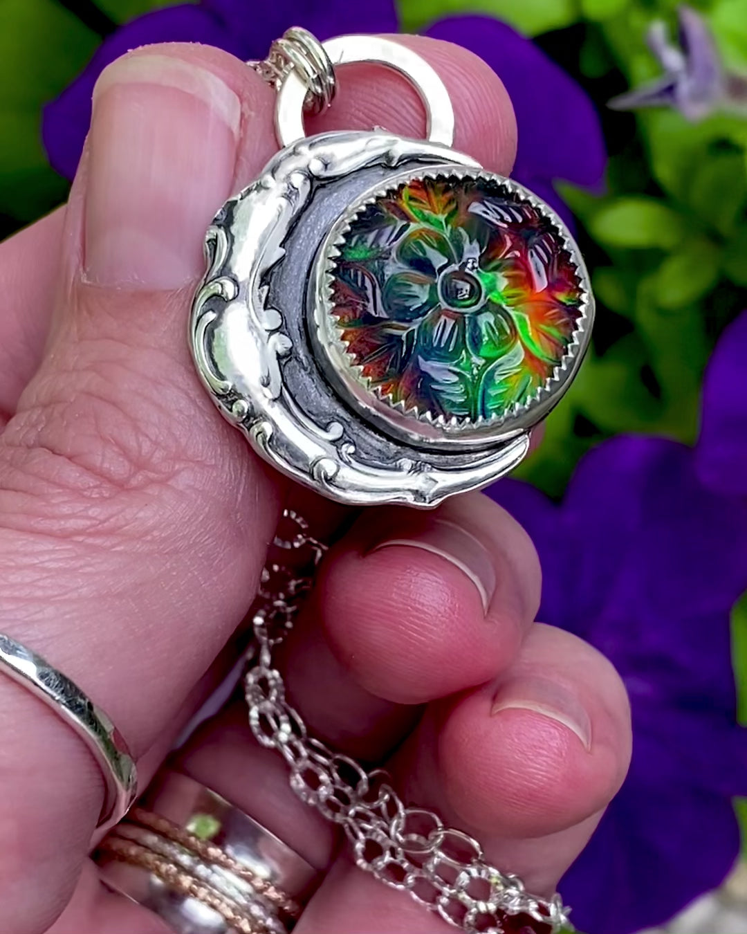 Sterling Moon & Floral Aurora Opal Necklace