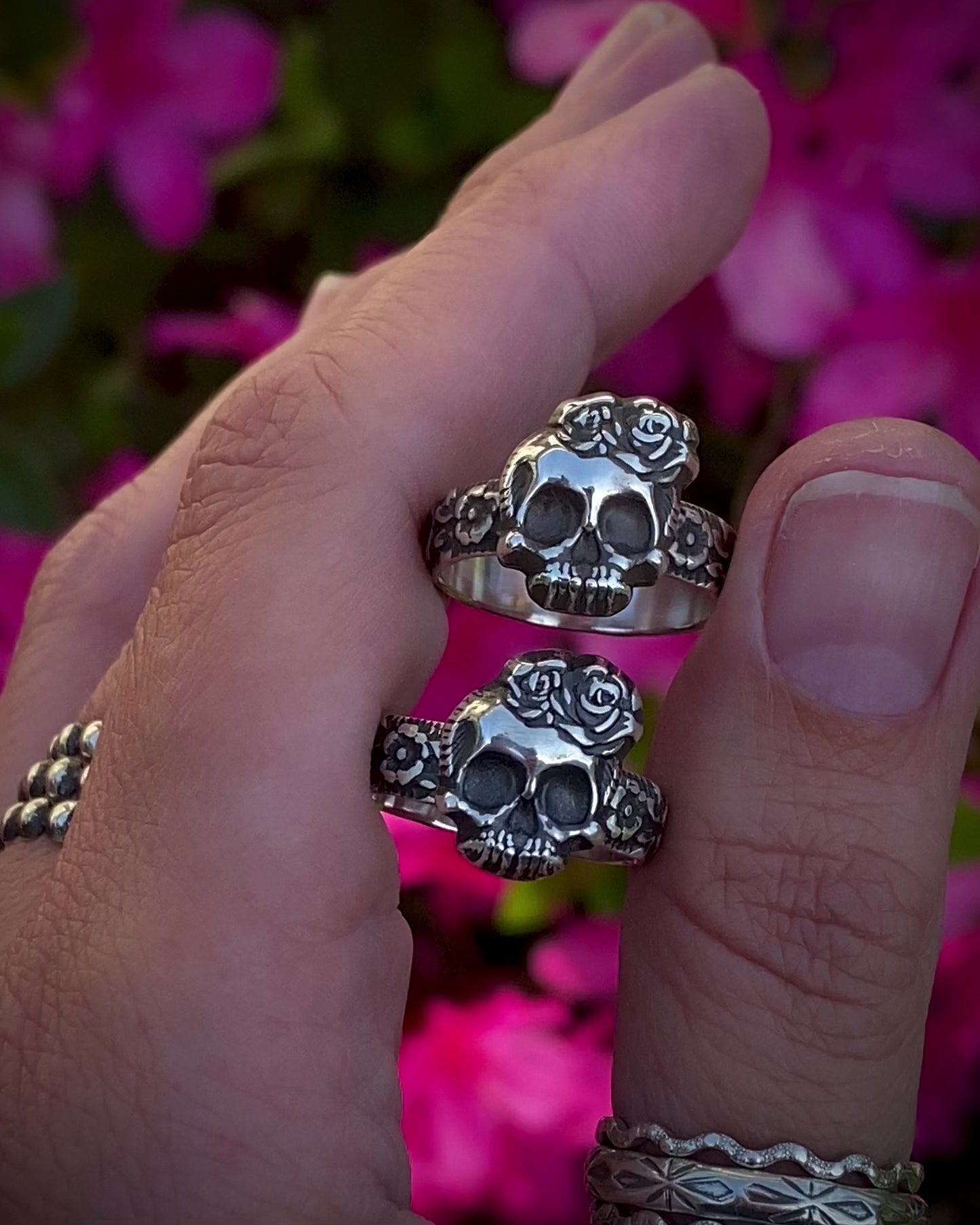 Sterling Skull & Roses Floral Ring
