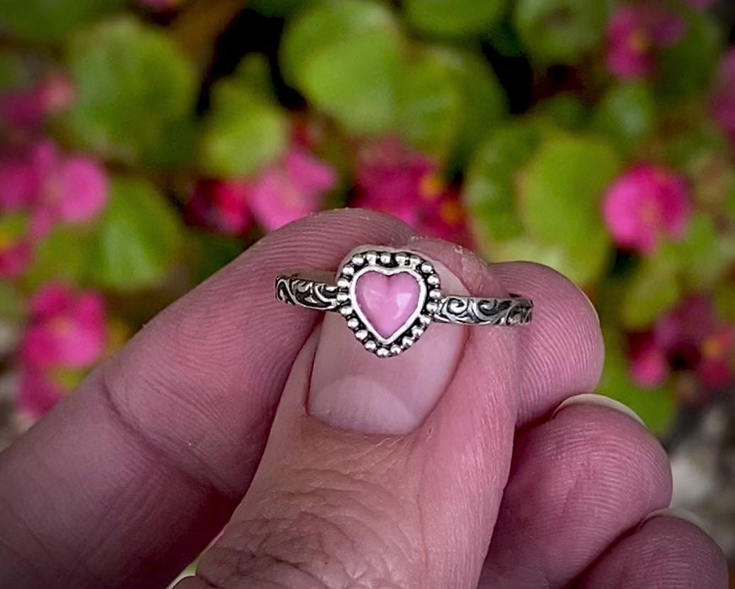 Size 7.5 - Small Pink Glass Heart Sterling Ring