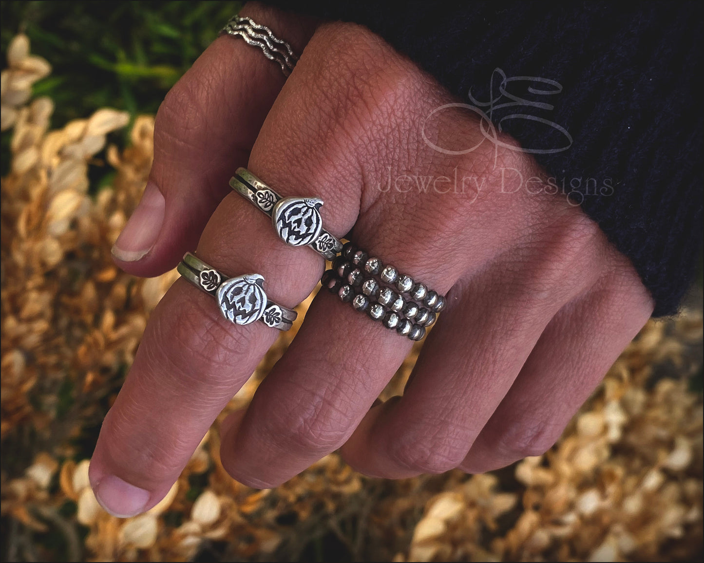 Sterling Pumpkin & Leaves Ring - LE Jewelry Designs