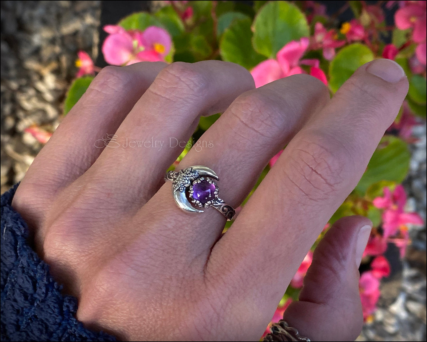 Sterling Rose Moon Gemstone Ring - (choose stone) - LE Jewelry Designs