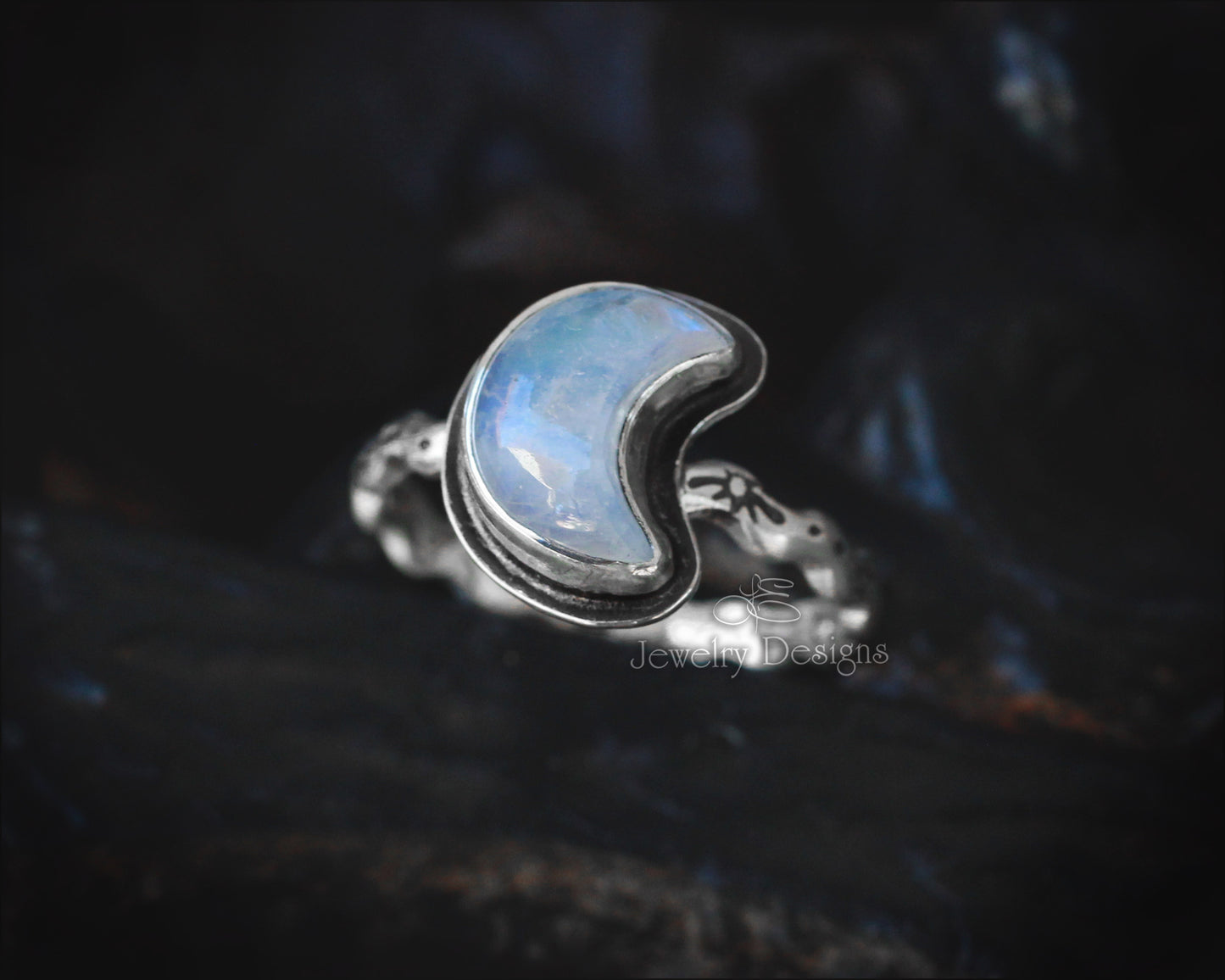 Size 7.5 - Small Rainbow Moonstone Celestial Ring - LE Jewelry Designs