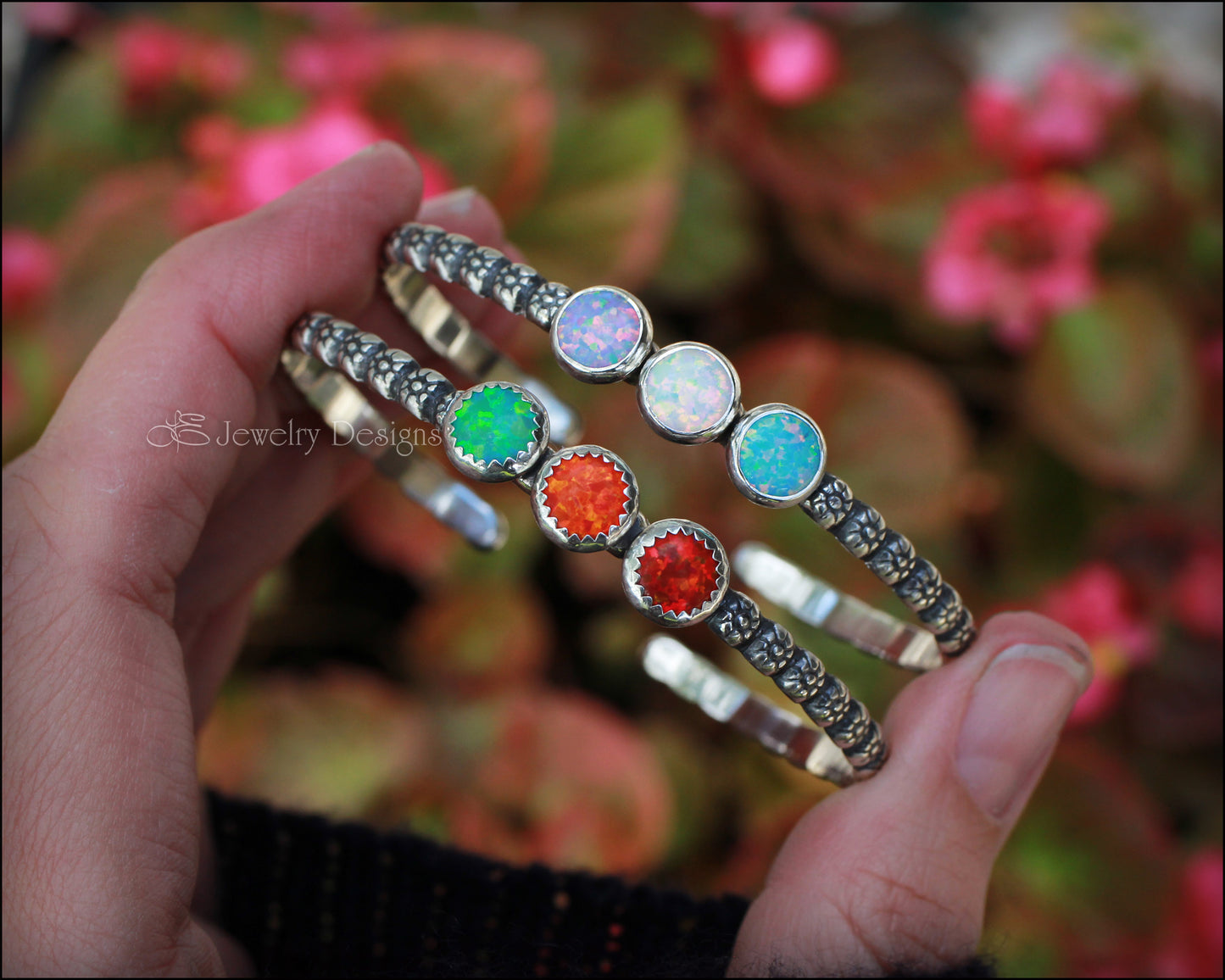 3-Stone Opal Flower Cuff - LE Jewelry Designs