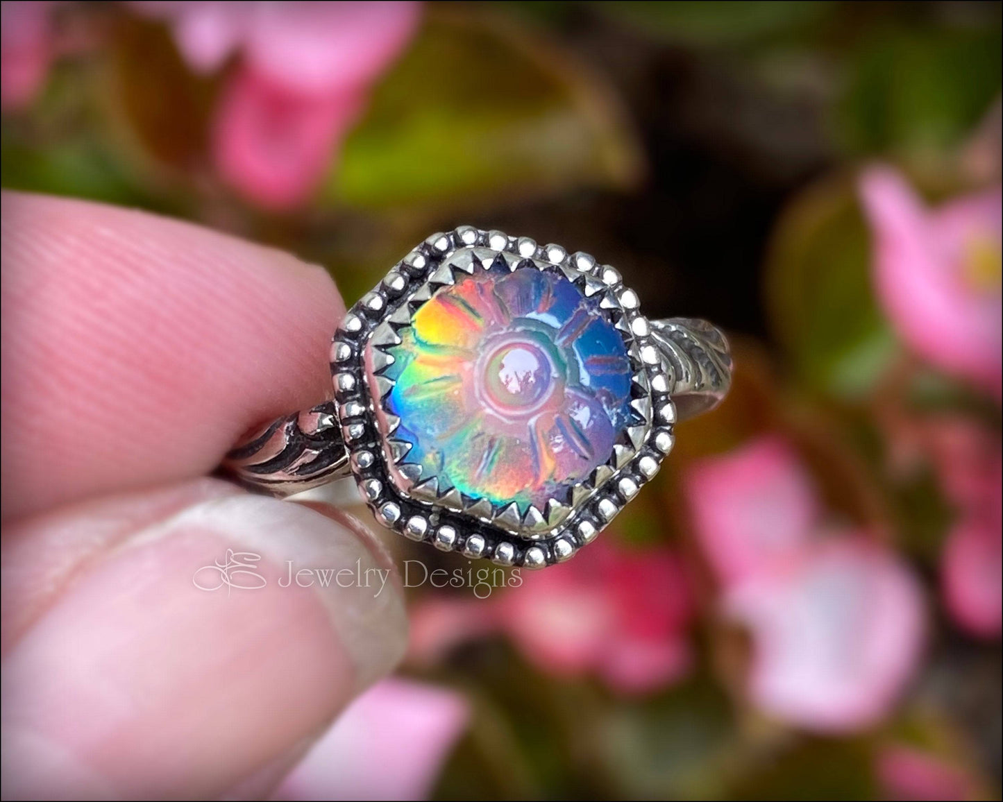 Hand Carved Hexagon Aurora Opal Floral Ring - LE Jewelry Designs