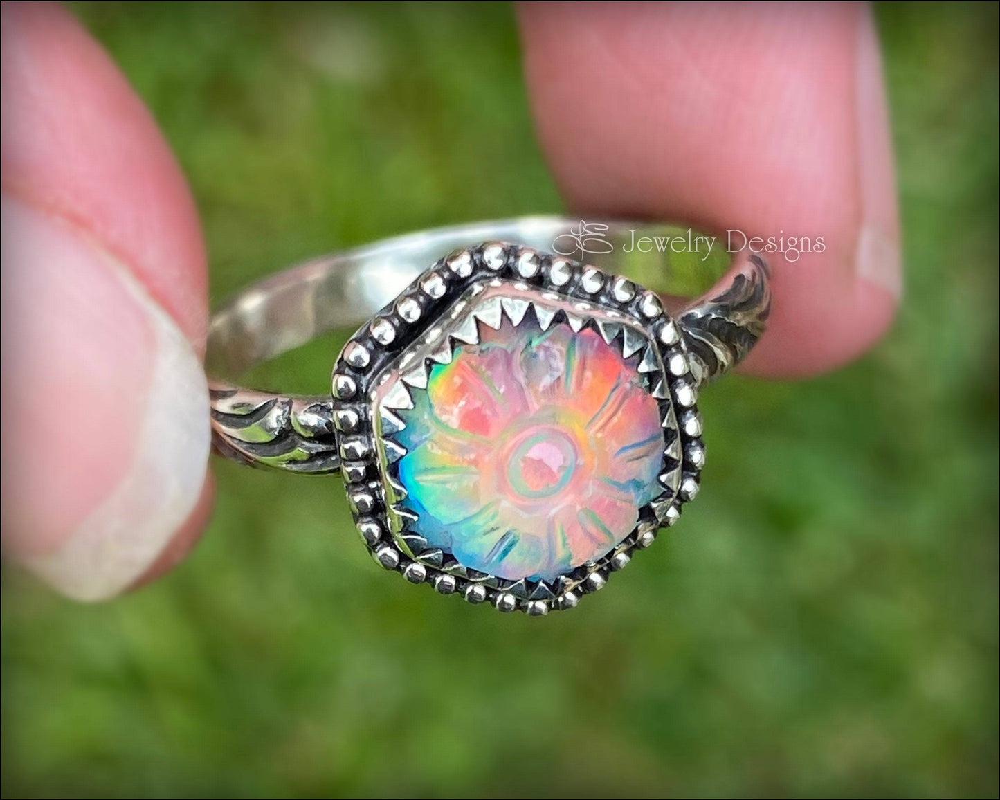 Hand Carved Hexagon Aurora Opal Floral Ring - LE Jewelry Designs
