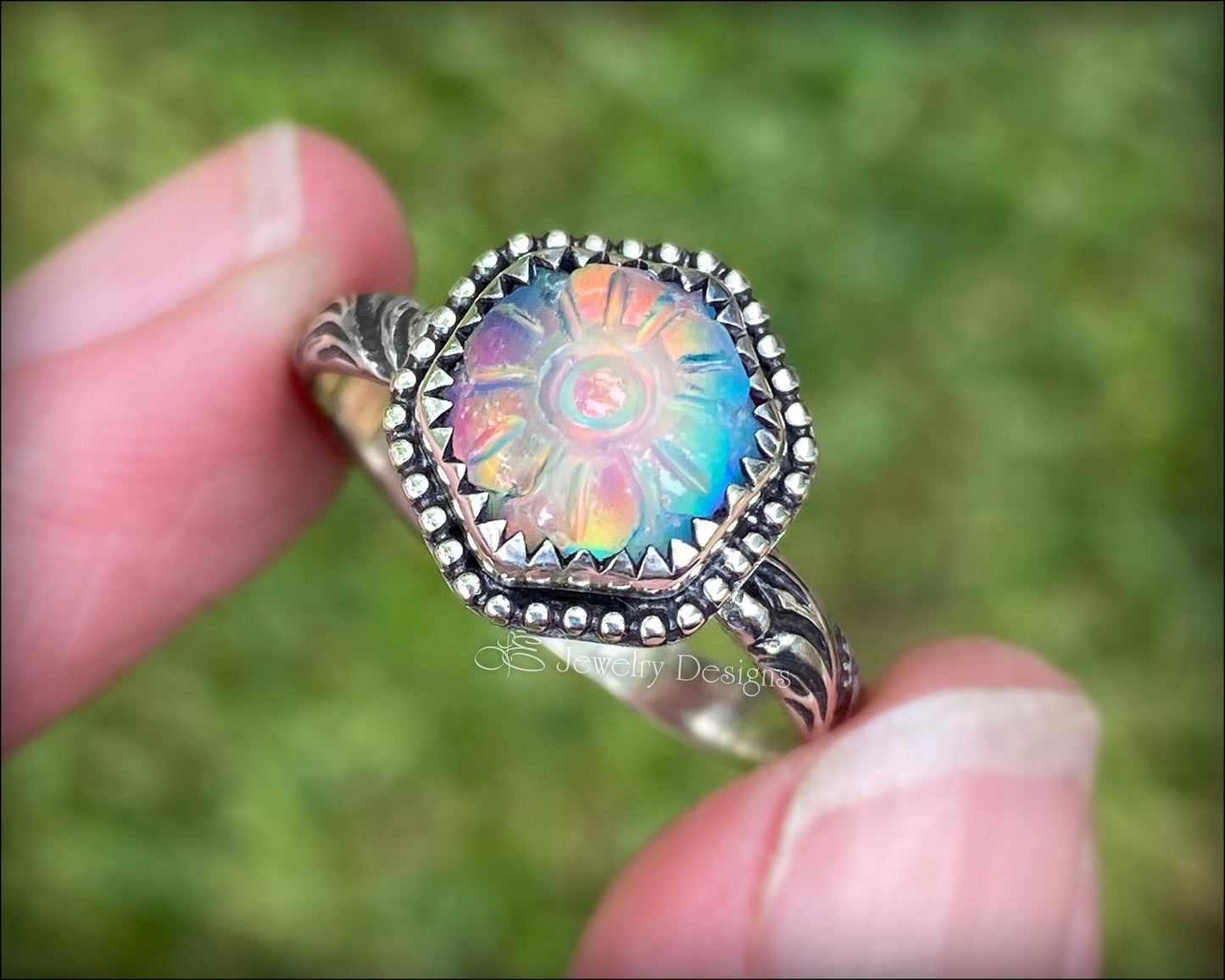 Hand Carved Hexagon Aurora Opal Floral Ring - LE Jewelry Designs