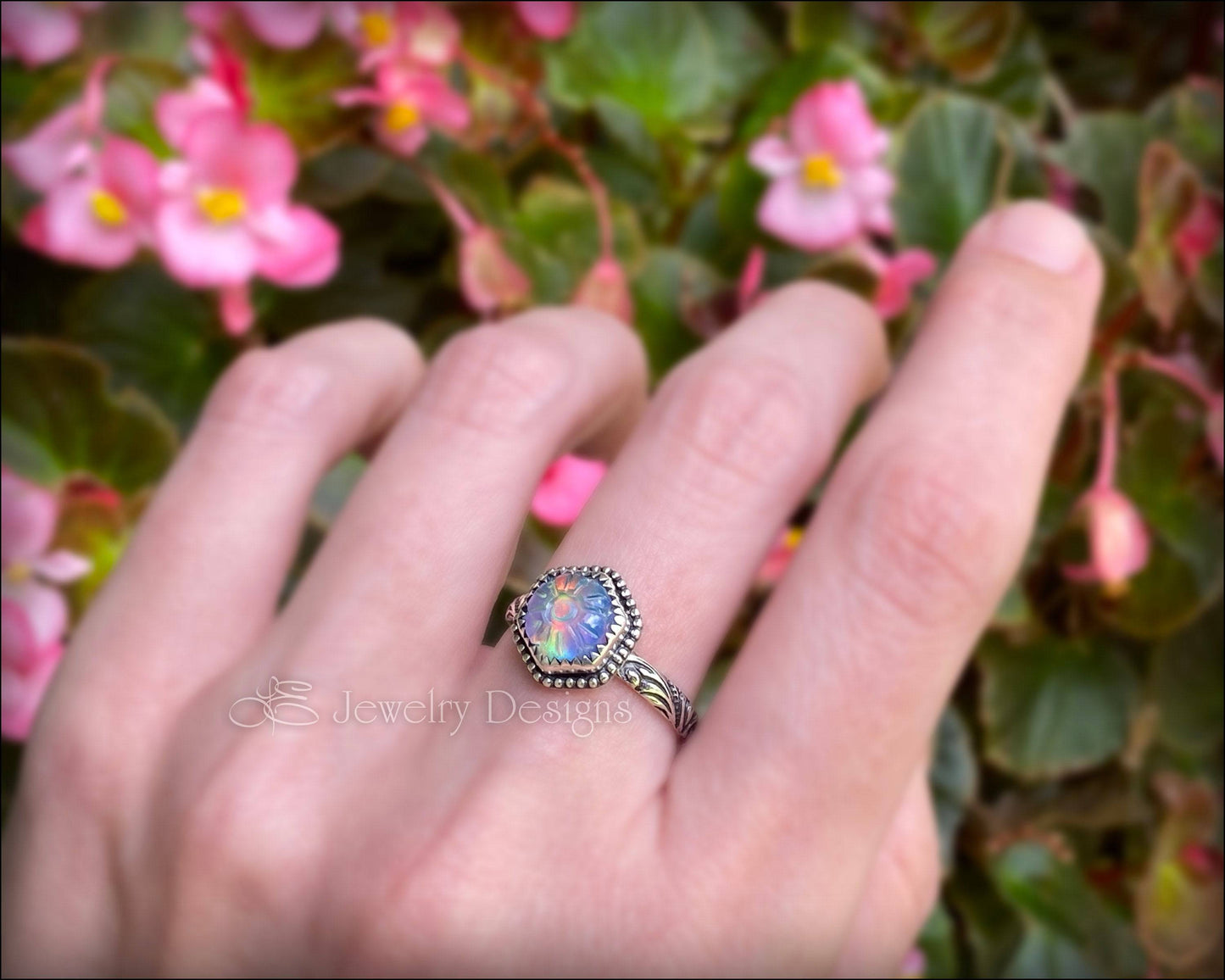 Hand Carved Hexagon Aurora Opal Floral Ring - LE Jewelry Designs