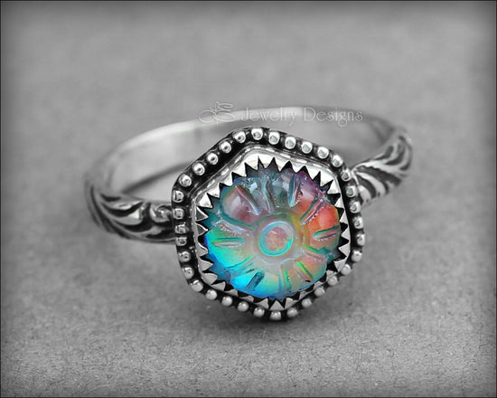 Hand Carved Hexagon Aurora Opal Floral Ring - LE Jewelry Designs