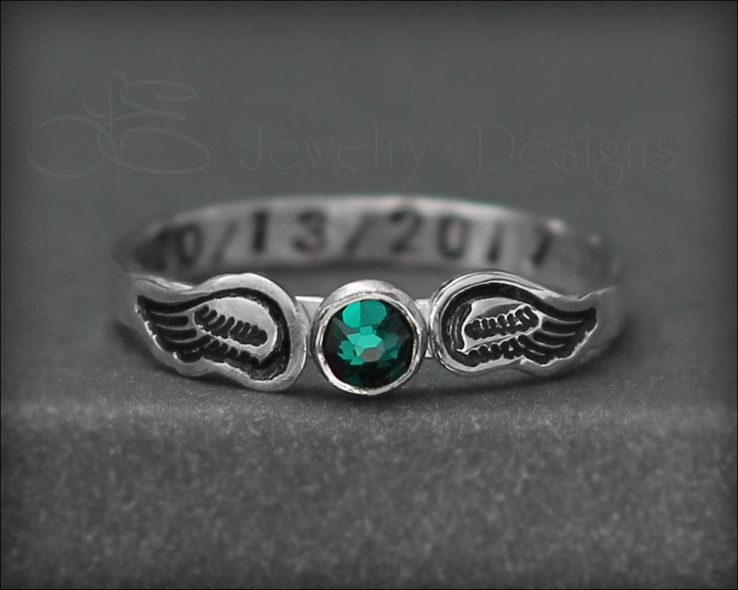Hand Stamped Angel Wings Birthstone Ring - LE Jewelry Designs