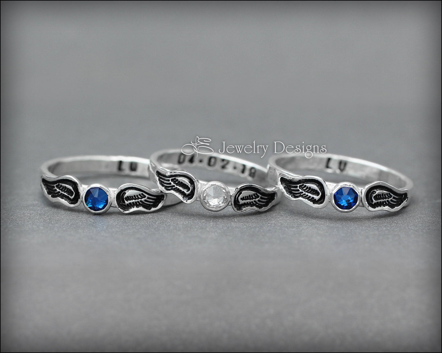 Hand Stamped Angel Wings Birthstone Ring - LE Jewelry Designs