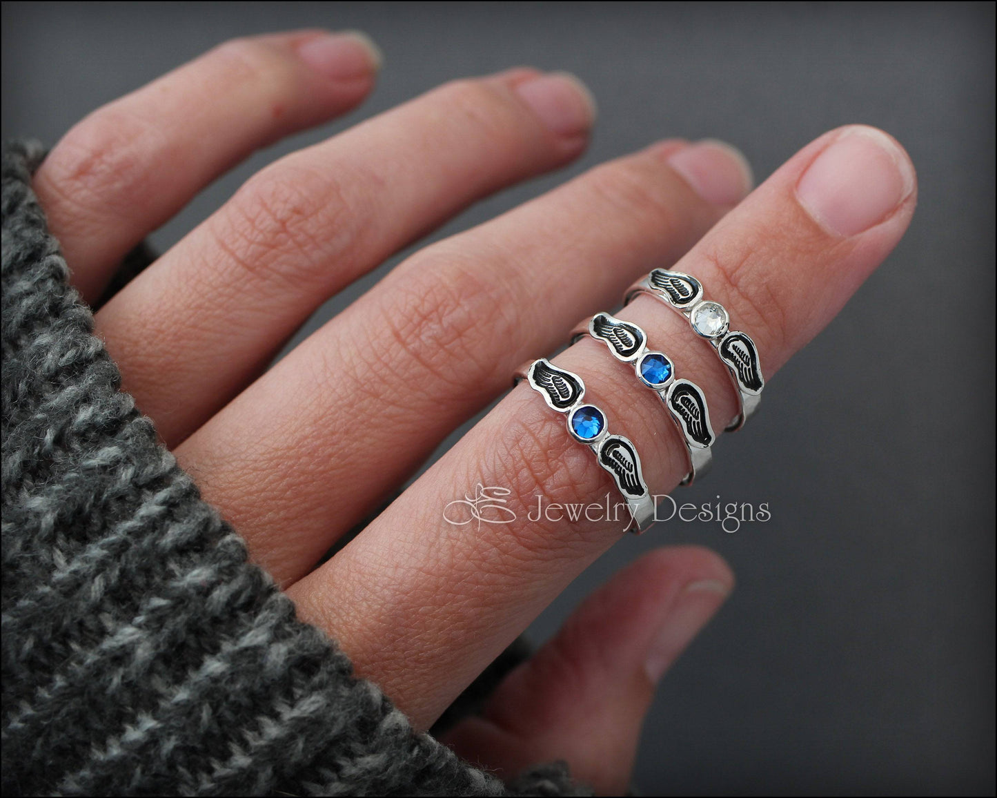 Hand Stamped Angel Wings Birthstone Ring - LE Jewelry Designs
