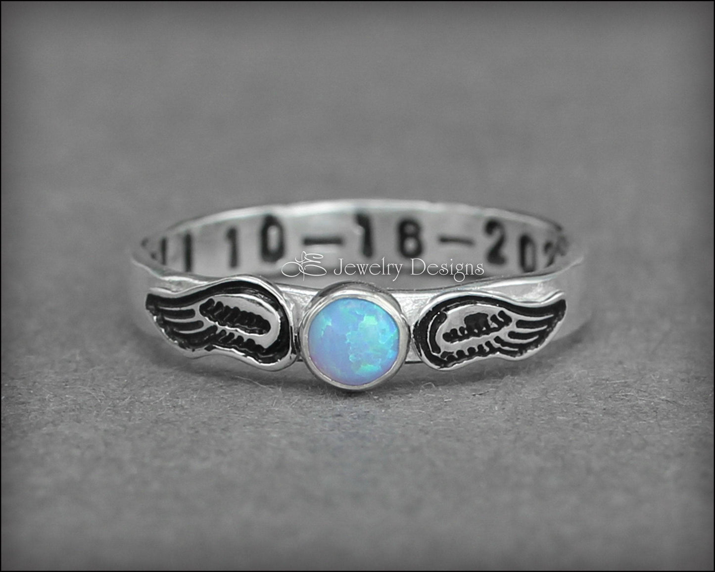 Hand Stamped Angel Wings Birthstone Ring - LE Jewelry Designs
