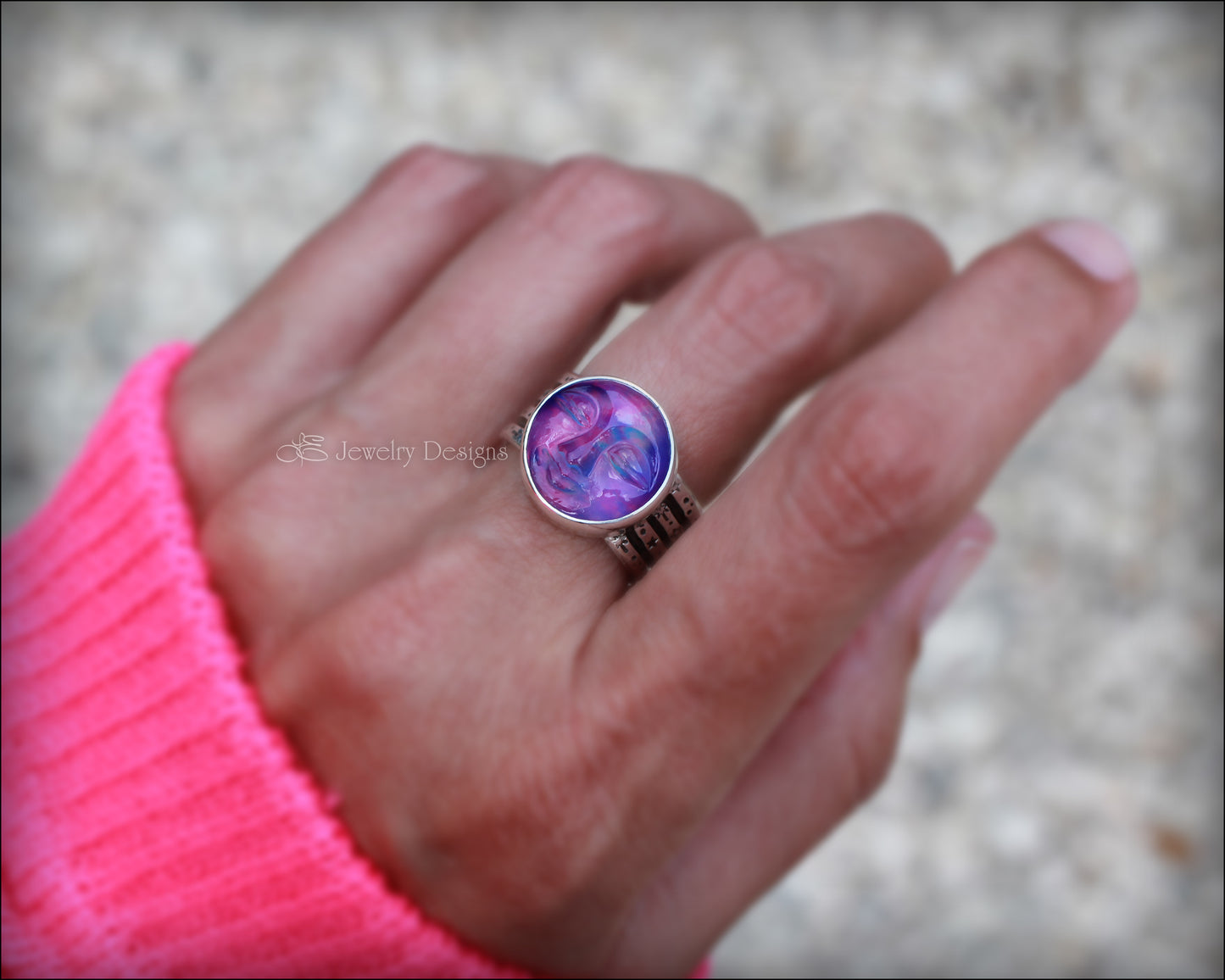 Sterling Aurora Opal Moon Face Ring - LE Jewelry Designs