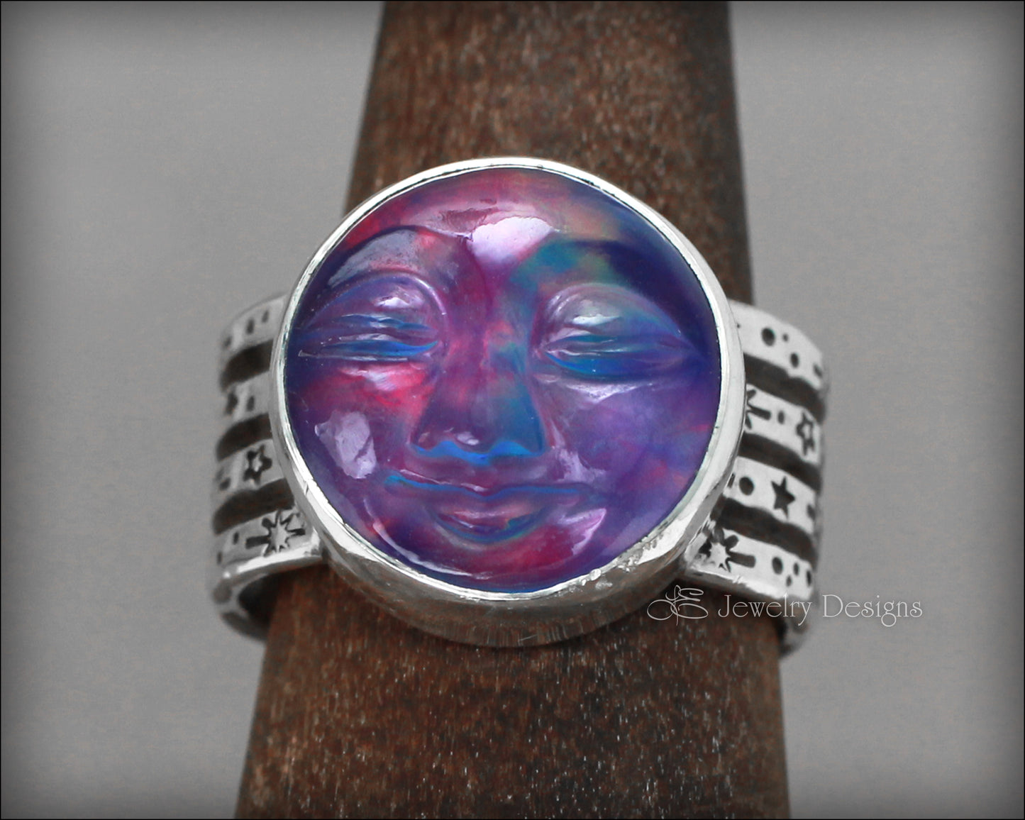 Sterling Aurora Opal Moon Face Ring - LE Jewelry Designs