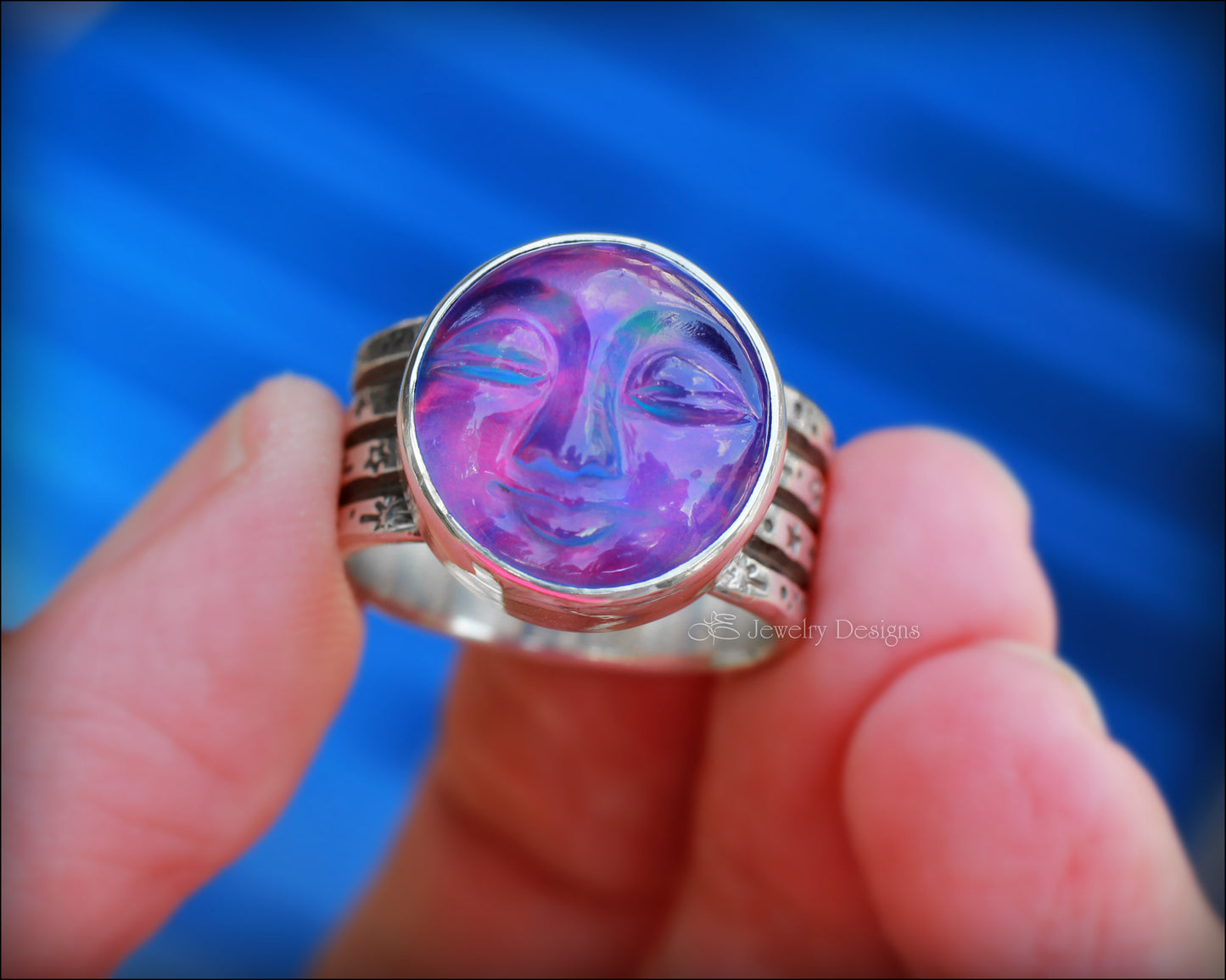 Sterling Aurora Opal Moon Face Ring - LE Jewelry Designs