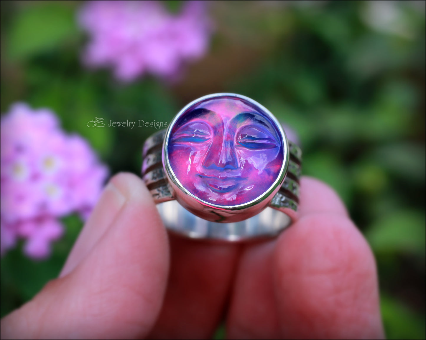 Sterling Aurora Opal Moon Face Ring - LE Jewelry Designs