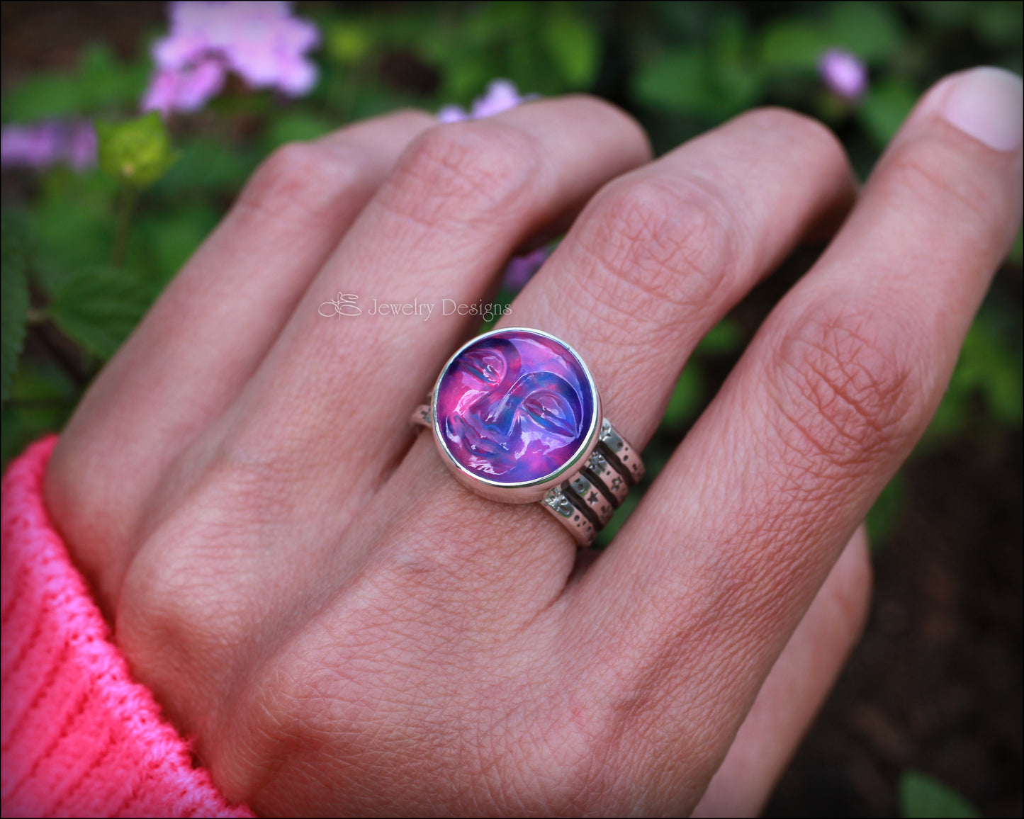 Sterling Aurora Opal Moon Face Ring - LE Jewelry Designs