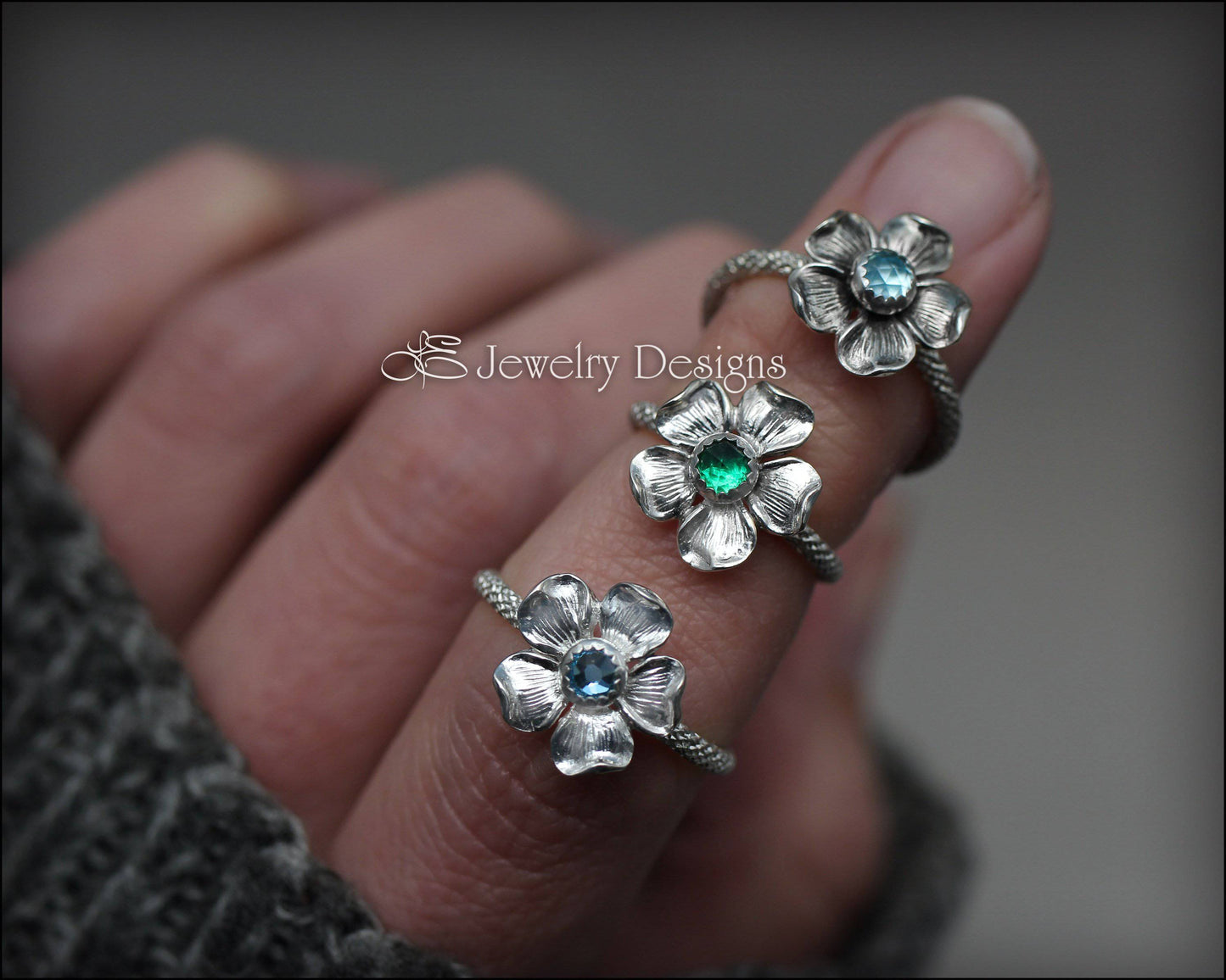 Glittery Sterling Flower Ring - (opal or birthstone) - LE Jewelry Designs