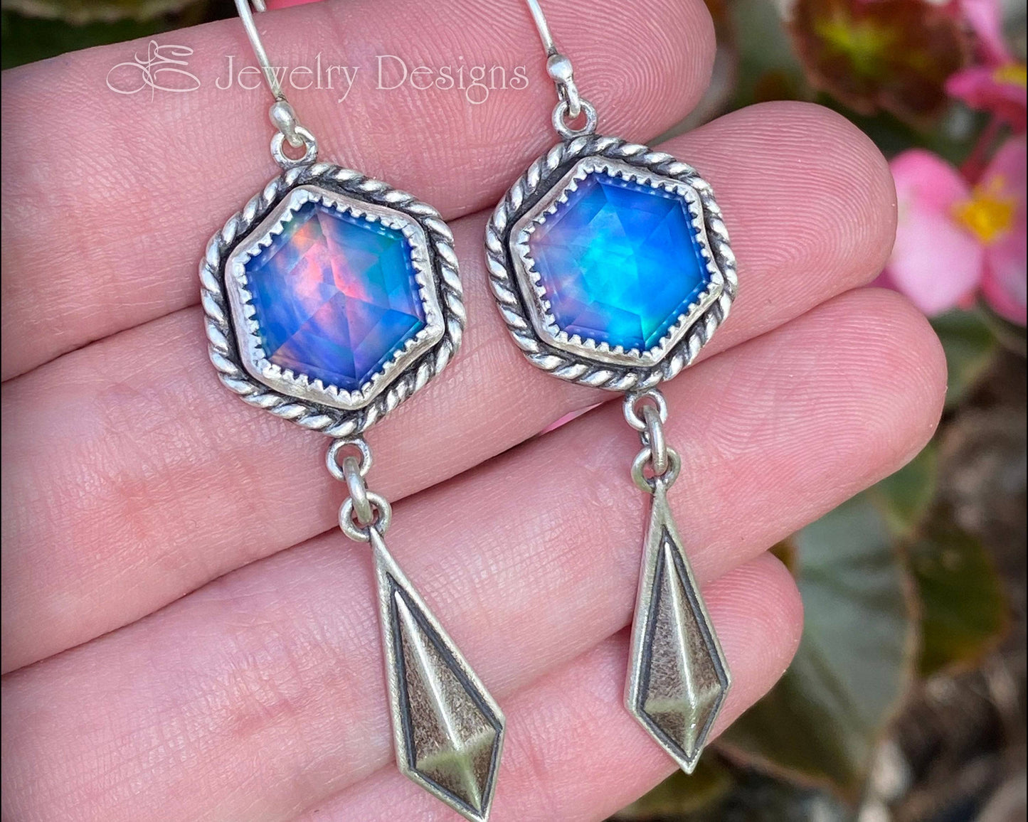 Rose Cut Hexagon Aurora Opal Earrings - LE Jewelry Designs