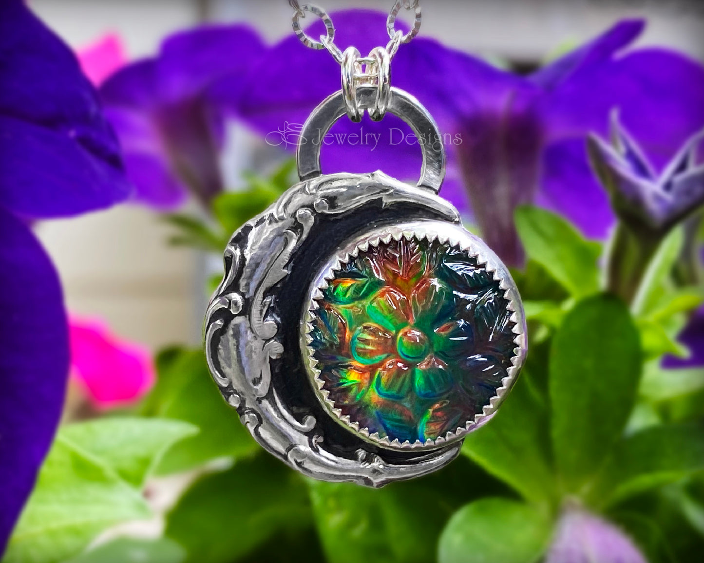 Sterling Moon & Floral Aurora Opal Necklace - LE Jewelry Designs