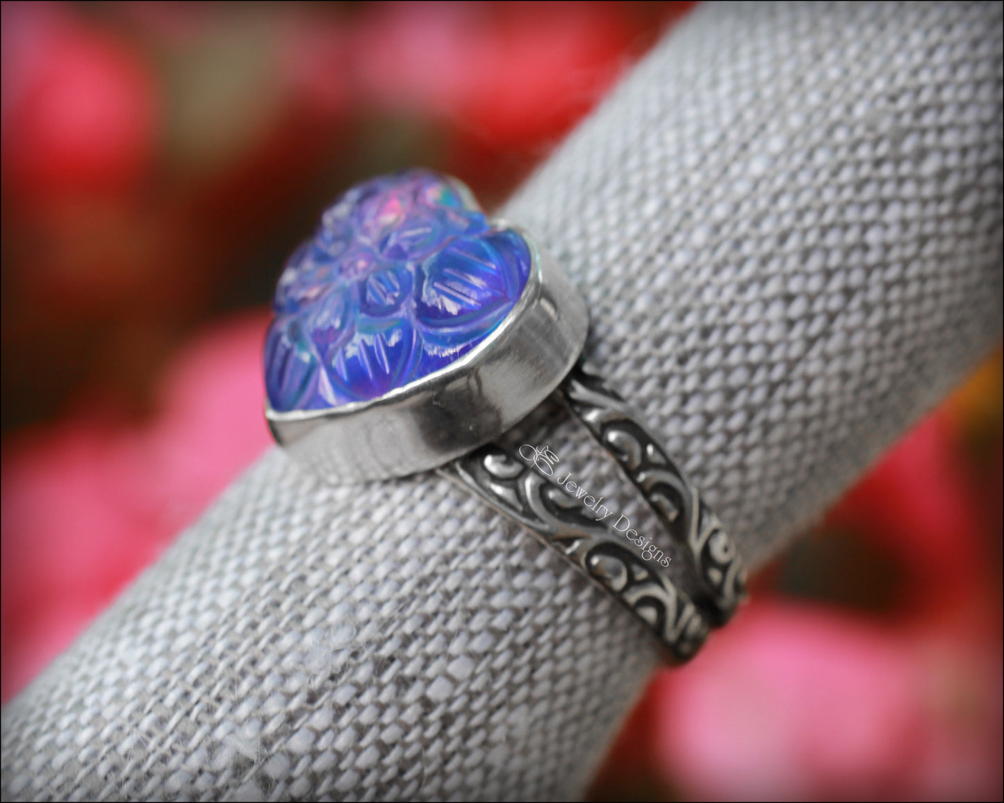 Sterling Carved Aurora Opal Heart Ring - LE Jewelry Designs