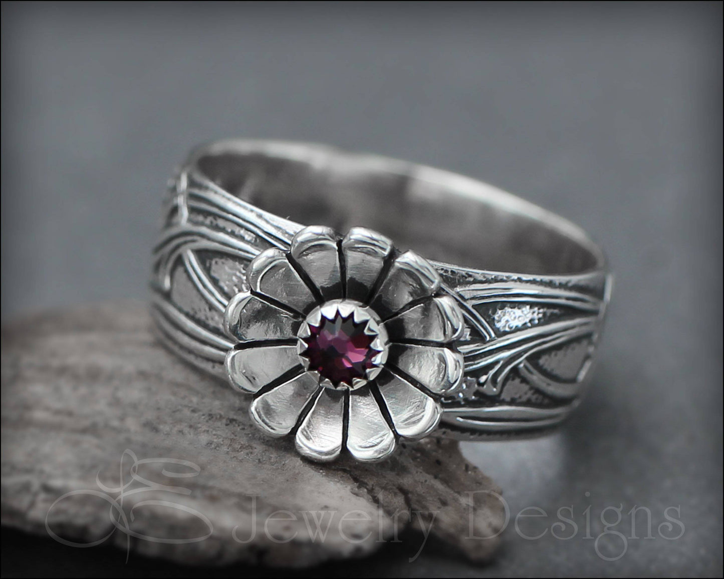 Wide Band Flower Birthstone Ring - LE Jewelry Designs
