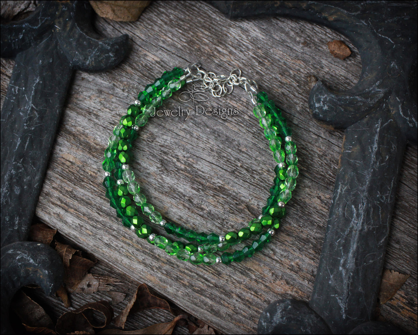 Sterling 3-Strand Green Glass Bracelet - (RTS)