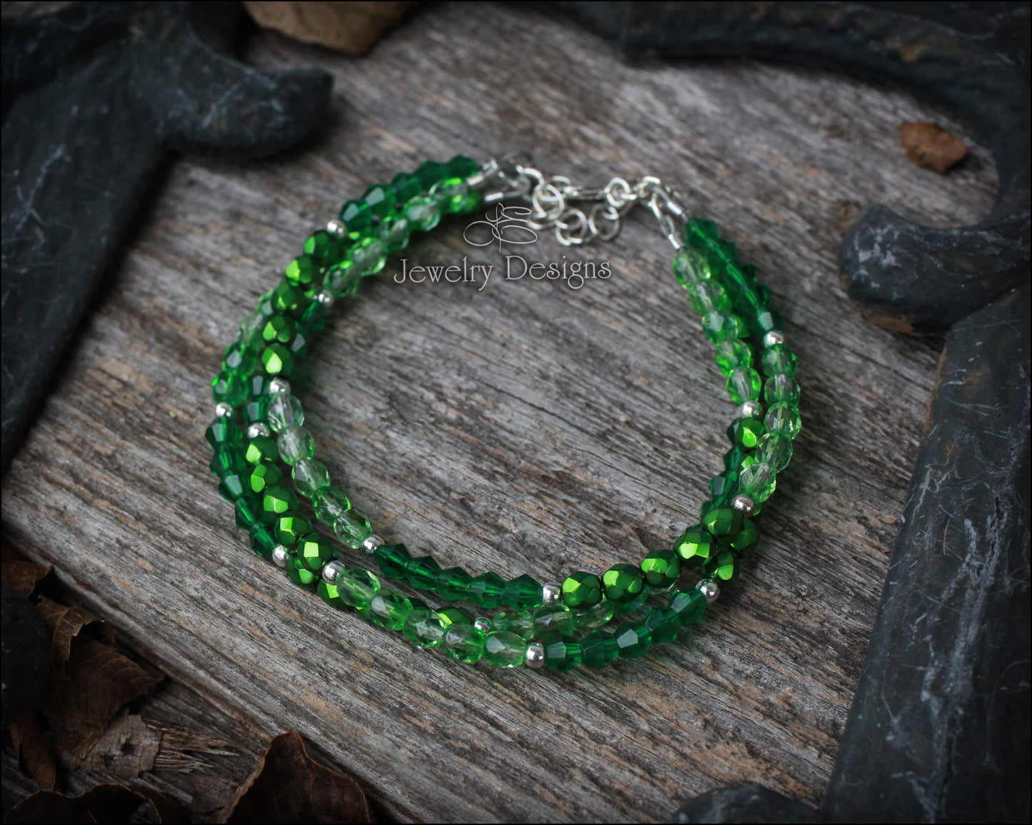 Sterling 3-Strand Green Glass Bracelet - (RTS)