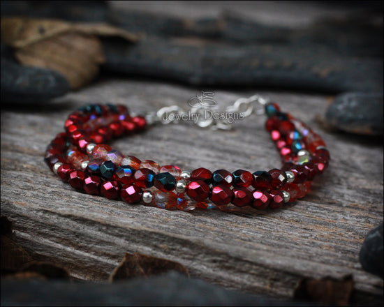 Sterling 3-Strand Red Glass Bracelet - (RTS)