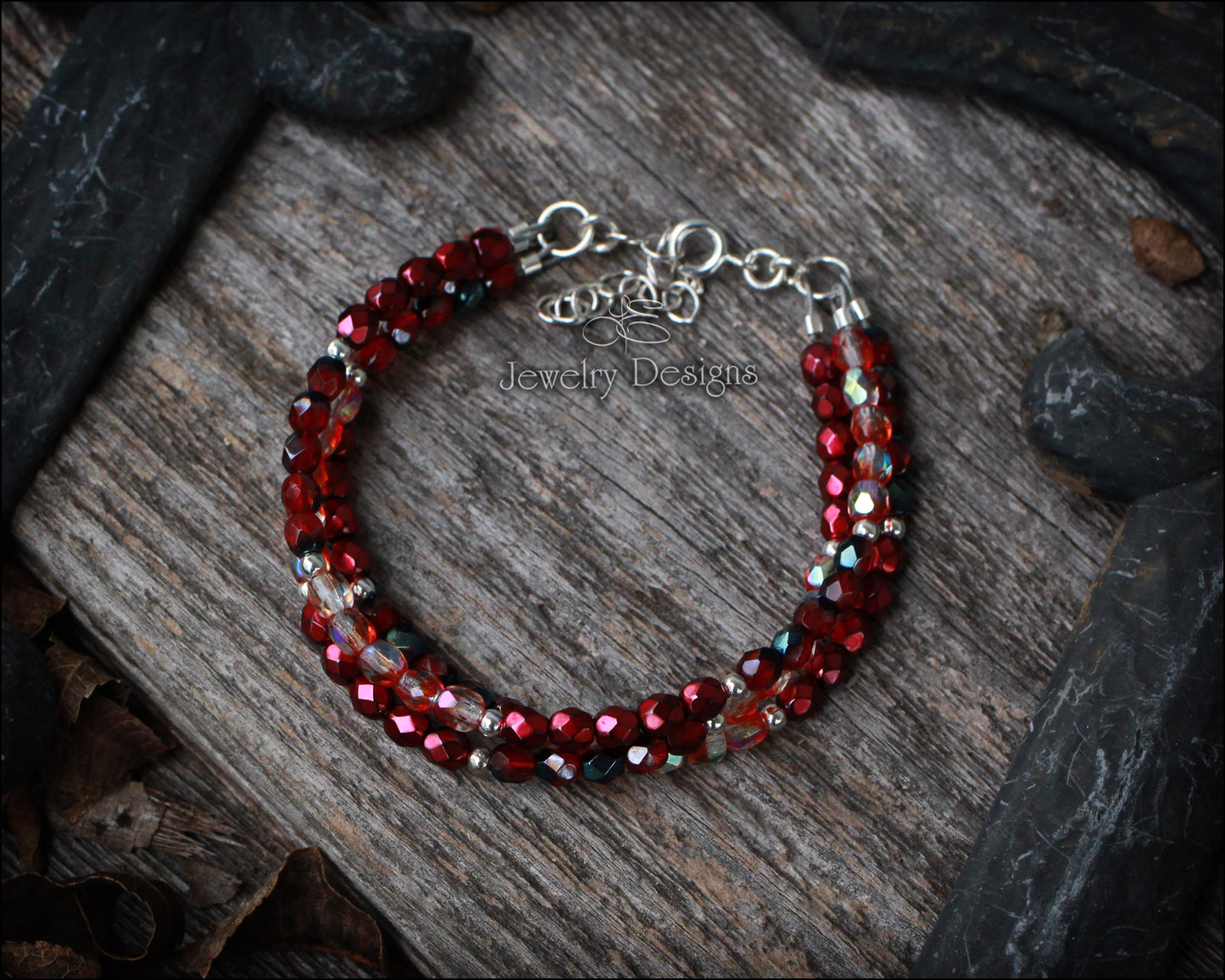 Sterling 3-Strand Red Glass Bracelet - (RTS)