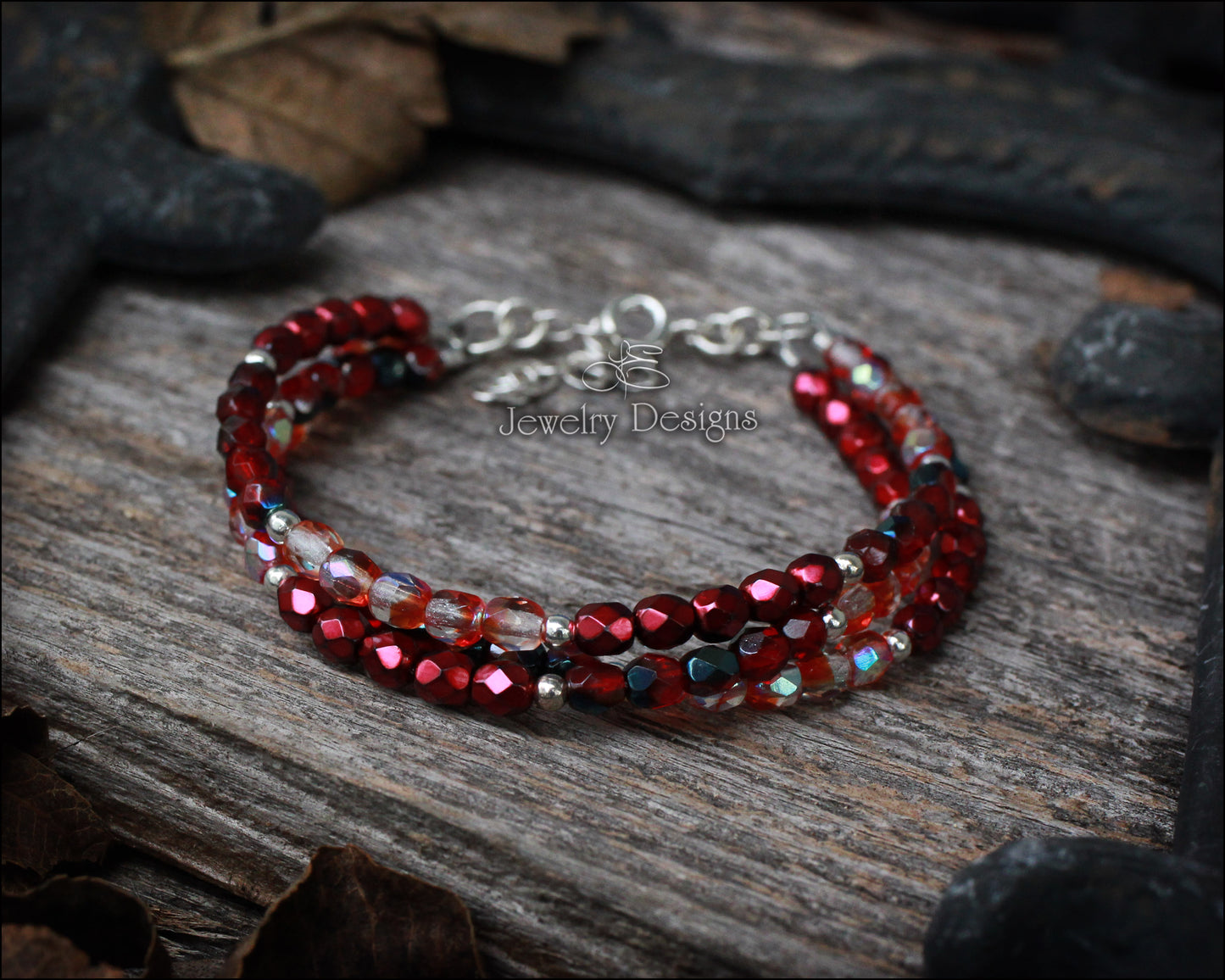 Sterling 3-Strand Red Glass Bracelet - (RTS)